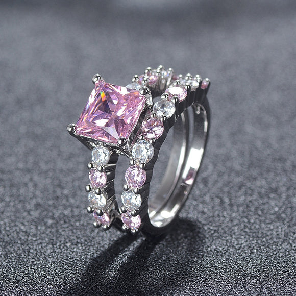 Square Pink Zircon Ring Set For Women 925 Silver Princess Wedding Jewelry