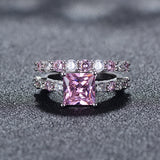 Square Pink Zircon Ring Set For Women 925 Silver Princess Wedding Jewelry