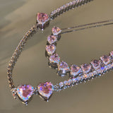 Trendy Pink Zircon Heart Necklace For Women Chain Wedding Jewelry