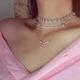 Trendy Pink Zircon Heart Necklace For Women Chain Wedding Jewelry