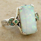 Antique Silver Square Opal Gemstone Ring Green Anniverssary Jewelry