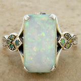 Antique Silver Square Opal Gemstone Ring Green Anniverssary Jewelry