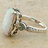 Antique Silver Square Opal Gemstone Ring Green Anniverssary Jewelry