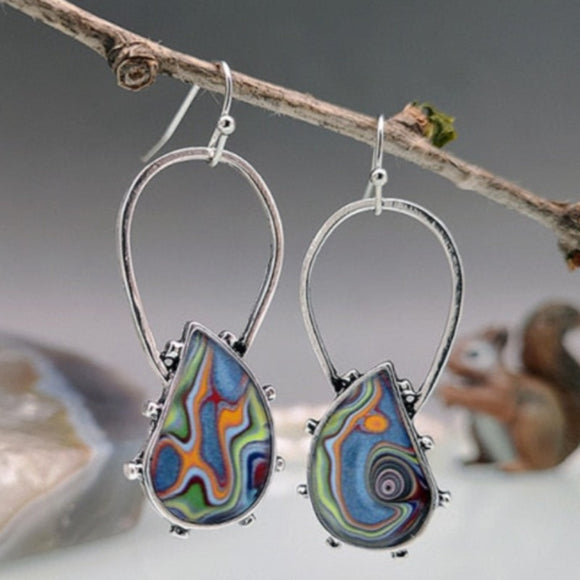 Vintage Silver Resin Gemstone Drop Earrings For Women Tribal Jewelry