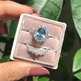 Natural Blue Engagement Ring Set Oval Zircon Cut Women Jewelry