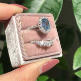 Natural Blue Engagement Ring Set Oval Zircon Cut Women Jewelry