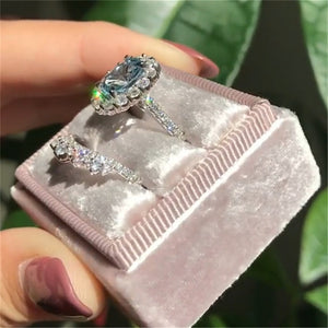 Natural Blue Engagement Ring Set Oval Zircon Cut Women Jewelry