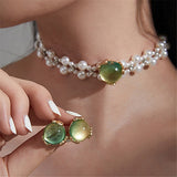 Pearl Green Opal Earrings Necklace For Women Wedding Jewelry Set