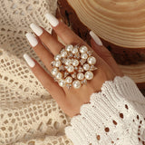 Big White Pearl Flower Ring WomenZircon Engagement Party Jewelry