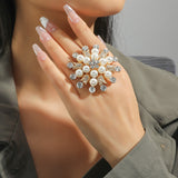 Big White Pearl Flower Ring WomenZircon Engagement Party Jewelry