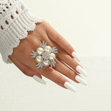 Big White Pearl Flower Ring WomenZircon Engagement Party Jewelry