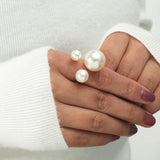 Big White Pearl Flower Ring WomenZircon Engagement Party Jewelry