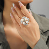 Big White Pearl Flower Ring WomenZircon Engagement Party Jewelry