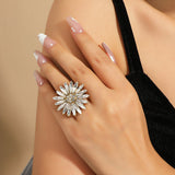 Big White Pearl Flower Ring WomenZircon Engagement Party Jewelry