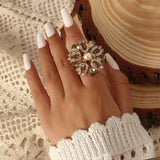 Big White Pearl Flower Ring WomenZircon Engagement Party Jewelry