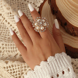 Big White Pearl Flower Ring WomenZircon Engagement Party Jewelry