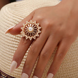 Big White Pearl Flower Ring WomenZircon Engagement Party Jewelry