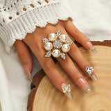 Big White Pearl Flower Ring WomenZircon Engagement Party Jewelry