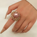 Big White Pearl Flower Ring WomenZircon Engagement Party Jewelry