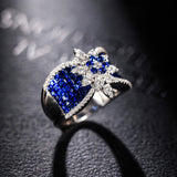 Blue Zircon Inlay Flower Engagement Ring Women Wedding Fine Jewelry