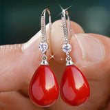 Luxury Red Pearl Drop Earrings Silver for Women Wedding Jewelry