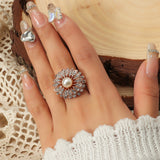 Big White Pearl Flower Ring WomenZircon Engagement Party Jewelry