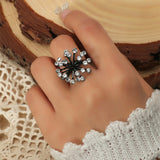 Big White Pearl Flower Ring WomenZircon Engagement Party Jewelry