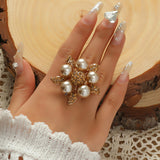 Big White Pearl Flower Ring WomenZircon Engagement Party Jewelry