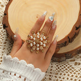 Big White Pearl Flower Ring WomenZircon Engagement Party Jewelry