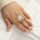 Big White Pearl Flower Ring WomenZircon Engagement Party Jewelry