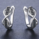 Round Black Spinel Engagement Bow Hoop Earrings for Women Silver Jewelry