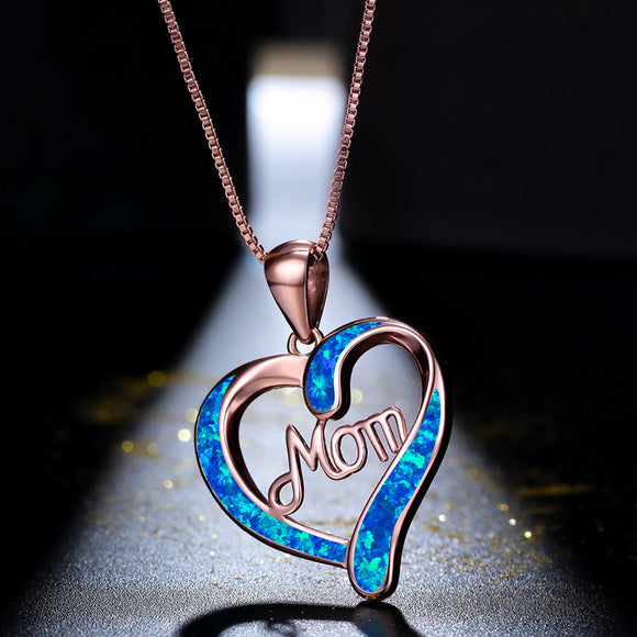 Blue Opal MOM Heart Pendant Necklace Mothers Day Best Gift Jewelry