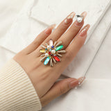 Big White Pearl Flower Ring WomenZircon Engagement Party Jewelry