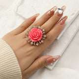 Big White Pearl Flower Ring WomenZircon Engagement Party Jewelry