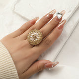 Big White Pearl Flower Ring WomenZircon Engagement Party Jewelry