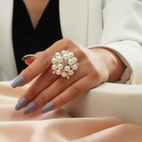 Big White Pearl Flower Ring WomenZircon Engagement Party Jewelry