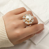 Big White Pearl Flower Ring WomenZircon Engagement Party Jewelry