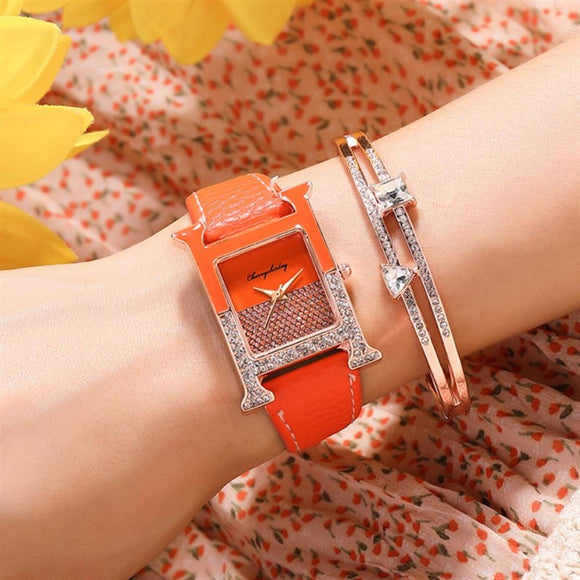 LUXURY LEATHER RECTANGLE WOMEN WATCHE DIAMOND LADIES QUARTZ WATCH