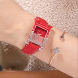 Luxury Leather Rectangle Women Watche Diamond Ladies Quartz Watch