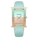 Luxury Leather Rectangle Watche Women Diamond Quartz Watch