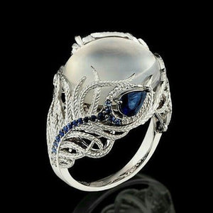 Vintage Opal Cat Eye Ring Hollow Silver Feather Big Stone Women Fashion Jewelry