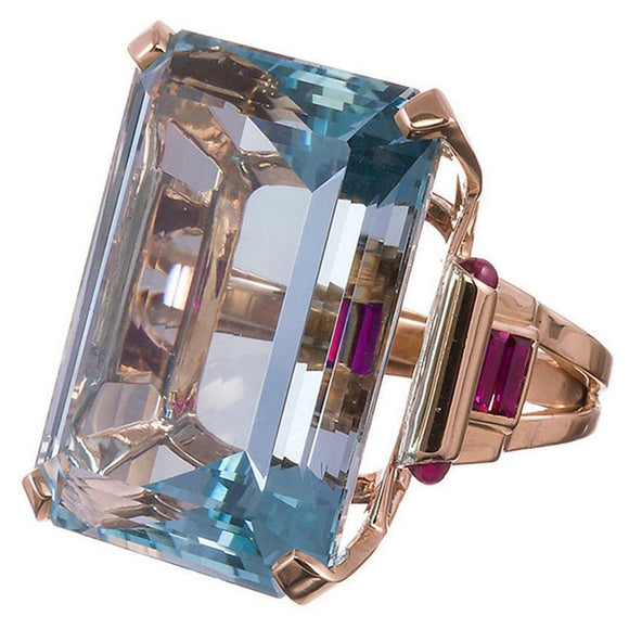 Large Aquamarine Stone Rose Gold Zircon Ring for Women Jewelry