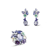 Luxury Gem Flower Jewelry Set Ring Earrings Women's 925 Sterling Silver