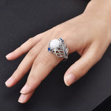 Vintage Opal Cat Eye Ring Hollow Silver Feather Big Stone Women Fashion Jewelry