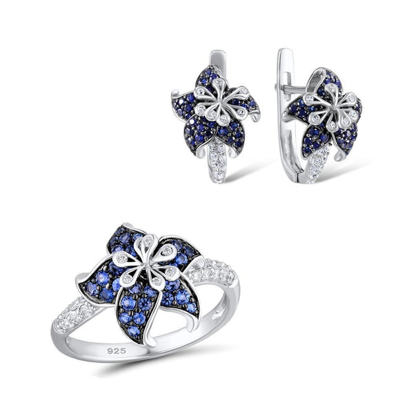 Luxury Gem Flower Jewelry Set Ring Earrings Women's 925 Sterling Silver