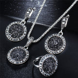 Vintage Gemstones Jewelry Set Antique Silver Women Jewelry Set Ring Earrings Pendant Necklace